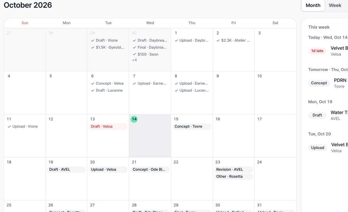 Calendar — concept, draft and upload deadlines and expected payments on each date