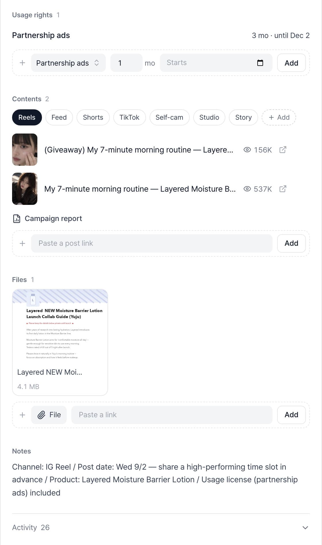 The lower half of a deal — usage rights, linked posts, the guide PDF preview and notes