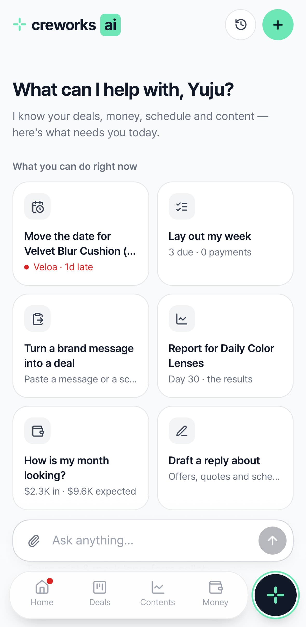 creworks ai on a phone — suggestions for today and the composer