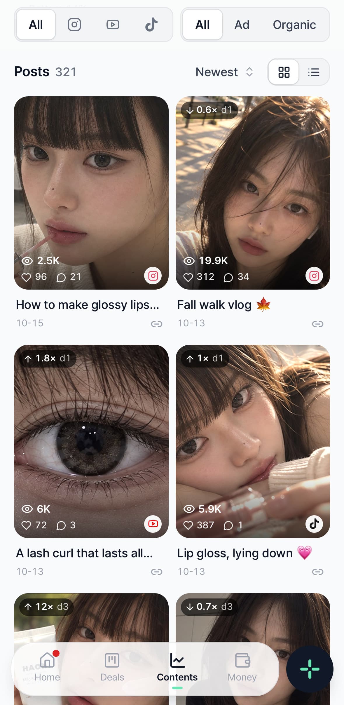 Contents › 321 posts on a phone — each with its multiple of your usual, views, likes and comments